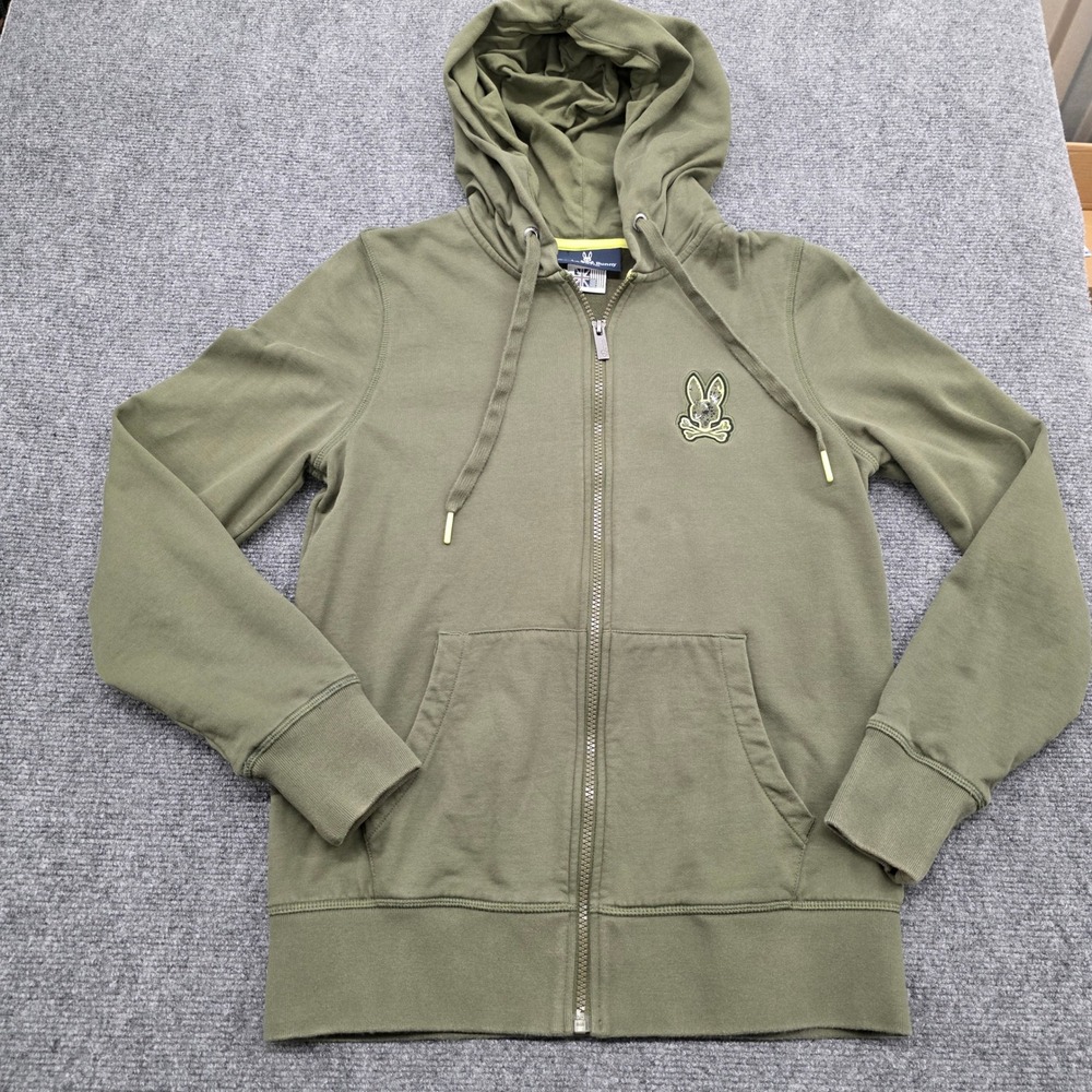 Psycho Bunny mens XXS Olive Green Full Zip Hoodie Sweatshirt Embroidered Logo
